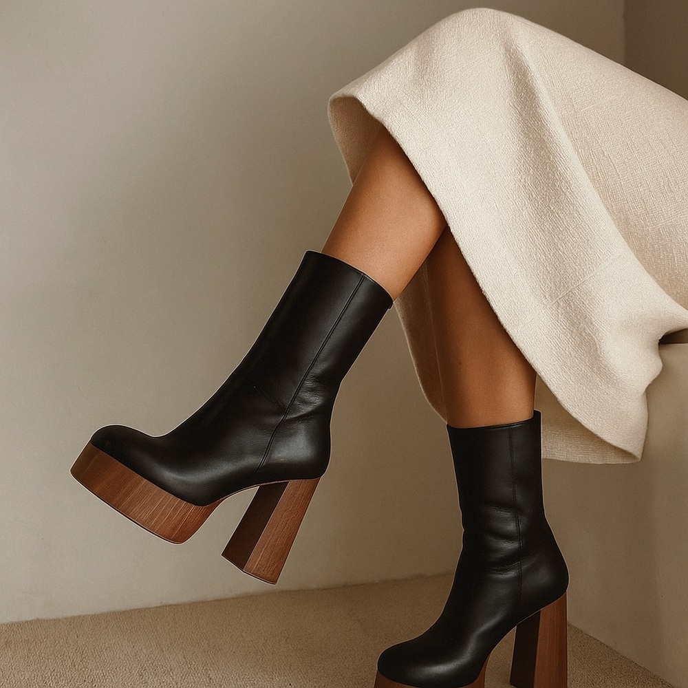 Gia Borghini Rosie 27 Black Leather Platform Boots Size 37